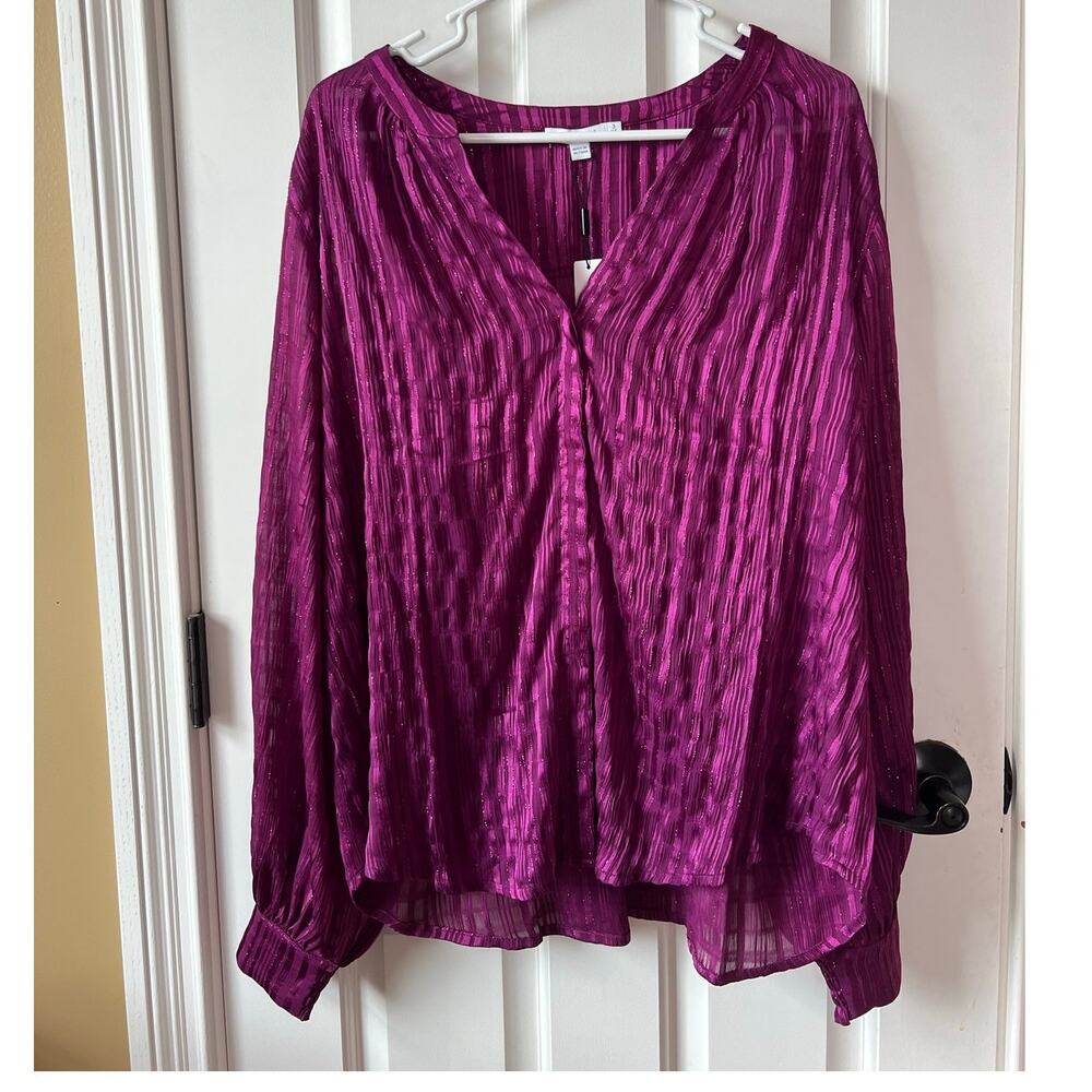 NEW Chico's Split Neck Crinkle Blouse Magenta Purple Shimmer Long Sleeve Sz 16 - Picture 2 of 16